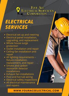 an advertisement for electrical services with a man in hardhats and safety gear working on the