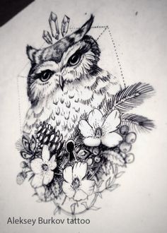 an owl with a crown on its head surrounded by flowers and leaves is depicted in this tattoo design