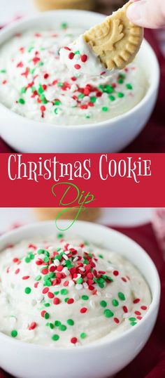 christmas cookie dip in a white bowl with sprinkles