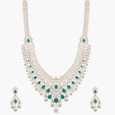 Ridhi CZ Silver Long Necklace Set Elegant Stone-set Jewelry For Wedding, Elegant Hand Set Kundan Necklace For Rituals, Emerald Temple Jewelry Necklace For Festive Occasion, Diamond Necklaces With Intricate Design, Fine Diamond Necklaces With Intricate Design, Dazzling Jewelry With Intricate Design For Festive Season, Diwali Celebration Jewelry With Cubic Zirconia, Dazzling Festive Jewelry With Intricate Design, Festive Emerald Jewelry With Intricate Design