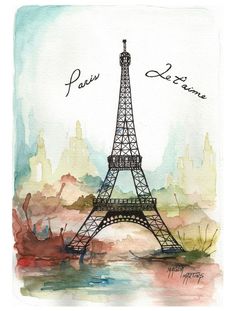 the eiffel tower is painted in watercolor