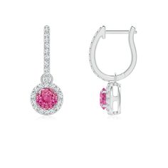 Nestled within a glistening halo of round diamonds are delightful round pink sapphires in a prong setting. The diamond accents on the hoop lend an additional touch of elegance to these pink sapphire halo dangle earrings crafted in 14k gold. Pink Sapphire Earrings, Earring Crafts, Diamond Hoop Earrings, Sapphire Earrings, Diamond Halo, Round Earrings, Pink Sapphire, Halo Diamond, Prong Setting