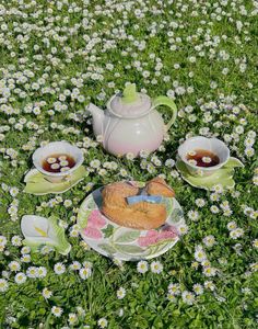 tea and pastries on a plate in a field of daisies