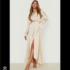 Brand New! Gold Satin Wrap Belted Maxi Dress Chic Fitted Wrap Dress For Wedding Guest, Long Beige Party Dress, Chic Long Sleeve Maxi Dress For Wedding, Beige Midi Dress For Party, Chic Long Sleeve Midi Dress For Prom, Chic Long Sleeve Midi Prom Dress, Elegant Midi Wrap Dress For Wedding, Cream Long Sleeve Maxi Dress For Party, Chic Beige Maxi Dress For Prom