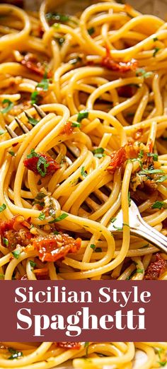 a close up of a plate of spaghetti with text overlay that reads sicilian style spaghetti