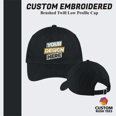 The custom embroidered Port & Company® Brushed Twill Low Profile Cap is a classic and versatile headwear option. Crafted from high-quality brushed twill fabric, this cap offers a soft and comfortable fit. Its low-profile design gives it a sleek and modern look, making it suitable for various occasions. With custom embroidery, you can personalize the cap with your logo, text, or design, adding a professional and branded touch. This cap is perfect for promoting your business, team, or event while offering a stylish and comfortable accessory for everyday wear. Product Description The great classic look and lightweight feel make this cap an all-around favorite. > Fabric: 100% brushed cotton twill > Structure: Unstructured > Profile: Low > Panels: 6 > Closure: Self-fabric slide closure -------- Black Cap With Custom Embroidery, Black Baseball Cap With Custom Embroidery, Customizable Black Cotton Baseball Cap, Custom Embroidered Hats, Business Team, Embroidery Caps, Logo Hat, Personalized Baseballs, Hat Custom