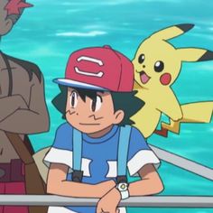 pokemon and pikachu standing next to each other in front of the water with their arms crossed