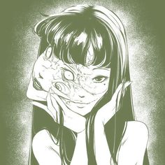 a drawing of a girl with her face covered by a piece of pizza in front of her face