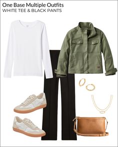 1 Base, 10 Outfits: How To Style Multiple Outfits With Black Pants And A White Tee - Outfits With Black Pants, Capsule Wardrobe French Style, White Tee Outfit, 2024 Ootd, White Tees Outfit, 10 Item Wardrobe, Match Outfits, Green Meals