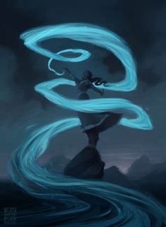 a painting of a woman with long hair and flowing blue lights in her hands, on top of a hill