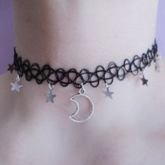 This Moon And Star Tattoo Choker Necklace Is A Wonderful Addition To Your Wardrobe And Your Style! This Fun And Unique Piece Is Sure To Get A Lot Of Compliments! Silver Star-shaped Choker For Party, Black Star Charm Choker Necklace, Black Moon Charm Jewelry For Party, Black Jewelry With Moon Charm For Party, Black Star Charm Choker Jewelry, Grunge Chokers, Necklace Tattoo, Brown Leather Necklace, O Ring Choker