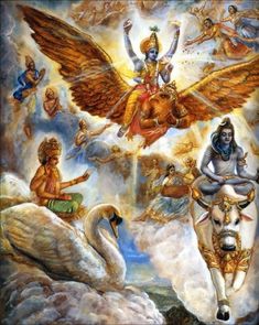 an artistic painting depicting deities and animals in the sky, with swans surrounding them on either side