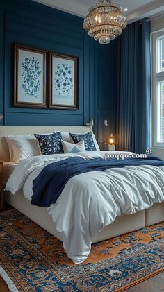 a bedroom with blue walls and white bedding, chandelier hanging from the ceiling