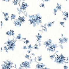 a blue and white flowered wallpaper with small flowers on the bottom half of it