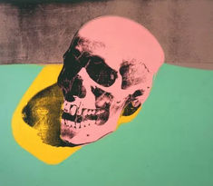 a painting of a skull on a green and yellow background