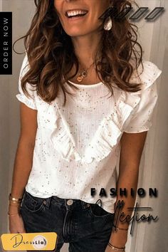 Ruffled Solid Color Round Neck Short-sleeved T-shirt P14495 Designer Formal Dresses, Girl Material, Casual Wear Dress, Lace Sleeves, Stylish Girl, Short Sleeve Blouse, Casual T Shirts, Online Clothing, Floral Lace