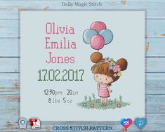 a cross stitch pattern for a girl with balloons on her head and the words, julia jones