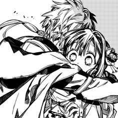 an anime character with long hair and big eyes is hugging another character in black and white