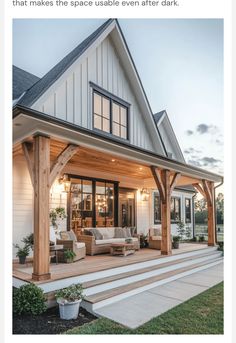 the front porch is covered in wood and has an outdoor living area with couches