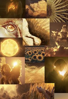 a collage of photos with sunflowers, clouds and an angel in the sky