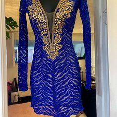 A Going Out Designer Dress With Swarovski’s And Paint Perfect For Any Formal Event Or Date Night. Was Just Sitting In My Closet My Lost Is Your Gain ! $700 Dress What A Hot Deal.It Has Little Hanging Threads But Can Just Be Snipped Royal Fitted Party Dress, Royal Style Fitted Party Dresses, Royal Long Sleeve Fitted Dresses, Embellished Royal Blue Long Sleeve Dress, Blue V-neck Mini Dress For Gala, Royal Blue Embellished Long Sleeve Dress, Fitted Royal Blue Dress For Festive Occasions, Long Sleeve Embellished Royal Blue Dress, Royal Blue Long Sleeve Dresses For Festive Occasions