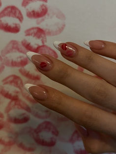 valentines day acrylic nails: white French tips with kiss marks Polygel Nail Inspiration, Sabrina Carpenter Concert Nail Ideas, Nail Inspo For Concert, Nail Ideas Concert, Nail Inspo Sabrina Carpenter, Sabrina Carpenter Concert Nails, Calm Nail Designs, Nail Ideas For Concert, Short And Sweet Nails Sabrina