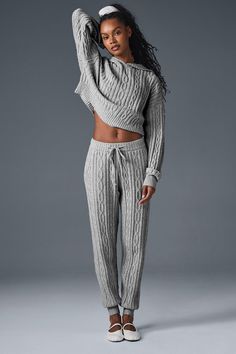 Cable Knit Winter Bliss Hoodie - Athletic Heather Grey | Alo Yoga Favorite Leggings, Hoodie Set, Back Women, Knit Set, Alo Yoga, Winter Knits, In The Winter, How To Feel Beautiful, The Winter