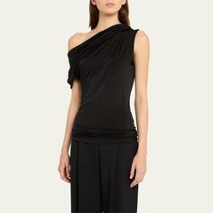 Alexander McQueen one-shoulder asymmetric jersey top  Short sleeves Hip length  Fitted  Viscose/elastane Dry clean Made in Italy Luxury Draped One Shoulder Fitted Top, Luxury Fitted Draped One Shoulder Top, Chic One-shoulder Top With Asymmetrical Hem, Chic Asymmetrical One-shoulder Fitted Top, Luxury Elegant One-shoulder Asymmetrical Top, Alexander Mcqueen Logo, Cotton Poplin Top, Poplin Top, Draped Top