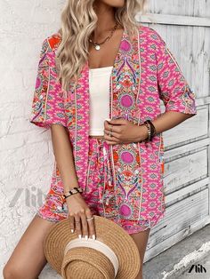 Zlily - Paisley Print Two-piece Set: Tribal Half Sleeve Open Front Kimono & Shorts – Exquisite Womens Fashion Ensemble Patterned Printed Sets For Vacation, Patterned Printed Vacation Sets, Vacation Printed Patterned Sets, Vacation Patterned Printed Sets, Floral Print Patterned Sets For The Beach, Floral Print Patterned Sets For Beach, Patterned Sets For Beach, Floral Print Beach Sets In Patterned Color, Patterned Floral Print Beach Sets