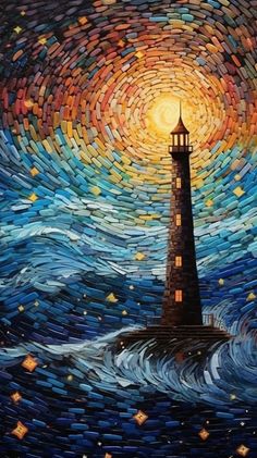 a painting of a lighthouse in the middle of a night sky with stars on it