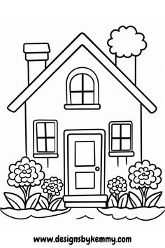 a house with flowers in front of it and the words designbykemy com