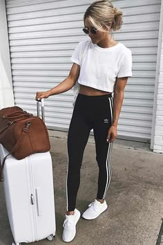 adidas pants with white sneakers and a white t-shirt. The perfect airport outfit. Visit Daily Dress Me at dailydressme.com for more inspiration          women's fashion 2018, summer fashion, travel outfits, vacation outfits, airport outfits Adidas Pants Outfit, Daily Dress Me, Looks Adidas, Adidas Hose, Insta Ideas, Winter Leggings, Legging Outfits, Leggings Sale, Winter Trends