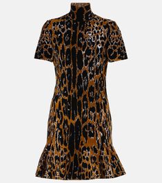 Leopard-print minidress in black - Alaia | Mytheresa Leather Mary Jane Flats, Cutout Crop Top, Azzedine Alaia, Knit Bodysuit, Womens Designer Fashion, Cotton Skirt, Fitted Bodice, Mary Janes, Fit And Flare