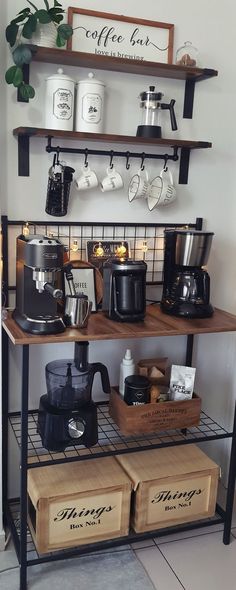 the coffee bar is organized and ready for customers to use