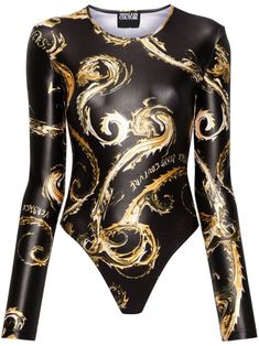 black gold-tone stretch-design Chromo Couture print crew neck long sleeves unlined press-stud fastening Just a reminder that this piece must be tried on over your own garments. Couture Bodysuit, Versace Sleepwear, Versace Tops Women, Versace Pattern, Versace Sweatshirt Women, Versace Skirt, Versace Print Bodycon, Versace Sweatshirt, Crewneck Design