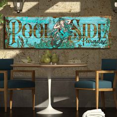 Pool Signs with a green patina finish with the words [the family name} Poolside Paradise Backyard Bar And Grill, Outside Wall Decor, Metal Pool, Pool And Patio, Mermaid Pool, Backyard Signs, Poolside Decor, Mermaid Sign, Lake House Signs