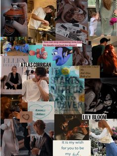 the collage has many different pictures and words on it, including one woman with red hair