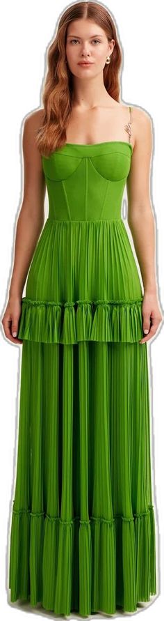 Green Ruched Maxi Dress For Gala, Spring Strapless Dress With Pleated Skirt, Green Ruched Maxi Dress With Spaghetti Straps, Green Ruched Spaghetti Strap Maxi Dress, Green Summer Gala Midi Dress, Green Midi Dress For Summer Gala, Green Summer Midi Dress For Gala, Green Evening Dresses With Accordion Pleats, Formal Green Maxi Dress With Pleated Back