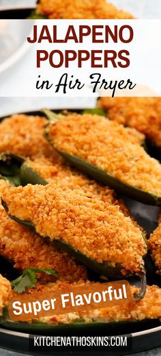 jalapeno poppers in air fryer on a plate with text overlay