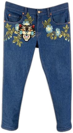 Gucci Denim Bottoms For Spring, Spring Gucci Denim Bottoms, Gucci Straight Leg Jeans With Five Pockets, Gucci Straight Leg Bottoms With Five Pockets, Blue Gucci Denim Bottoms, Gucci Casual Cotton Jeans, Gucci Blue Straight Leg Jeans, Casual Blue Gucci Jeans, Casual Gucci Blue Bottoms