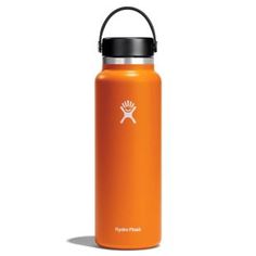 an orange hydro bottle with a black lid and a white logo on the side, sitting against a white background