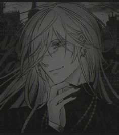 an anime character with long blonde hair and black eyes, holding his hand to his face