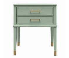 a green nightstand with two drawers and gold pulls on the bottom drawer, against a white background