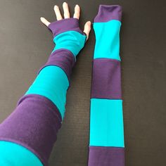 Bundle & Save On Shipping! Long Striped Gloves Blue Hand Warmers Purple Armwarmers Patchwork Sleeves Covers Handmade In The Usa By Me! Long Patchwork Arm Warmers With Thumb Holes. Over The Elbow Length. Can Also Be Worn Reversed With The Stitching Showing! Arm Warmers Are Great For Keeping You Warm Inside And Outside, Protecting You Against The Sun While Driving Or Covering Scars, Tattoos, Medical Devices And Skin Conditions. Please Check Measurements To Ensure Fit. Length: 22" Width: 8" - Stret Blue One-size Leg Warmers For Fall, Blue Fitted Leg Warmers For Fall, Blue Fitted Leg Warmers For Winter, Fitted Blue Leg Warmers For Winter, Patchwork Sleeves, Aria Blaze, Striped Gloves, Lace Fingerless Gloves, Brown Gloves