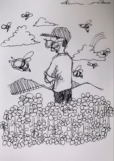 a drawing of a man standing in front of a field with bees flying over it