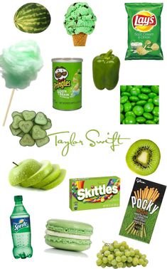 green and yellow food items are arranged in the shape of a collage