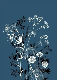 a blue and white drawing of flowers on a dark background