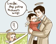 a man holding a child in his arms with an angel above him saying stop pulling michael's wings