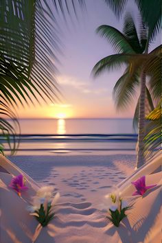 the sun is setting over the beach with palm trees and flowers in the foreground