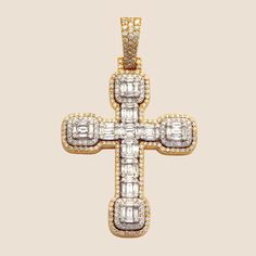 This Baguette Diamond Cross Pendant features a stunning arrangement of baguette-cut diamonds, each framed by a halo of smaller diamonds. Solid gold  Size 2.16" x 1.28" 3.05 CTW  Si G/H natural diamonds *Weights provided are estimates only. Actual weight may differ. Luxury Baguette Diamond Jewelry, Diamond Cross Pendants, Sarasota Fl, Baguette Cut Diamond, Diamond Cross, Baguette Cut, Baguette Diamond, G H, Sarasota